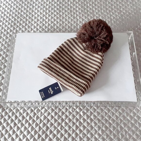 NWT Norla chocolate brown & camel tan striped beanie with knit thread pom pom - Picture 4 of 5